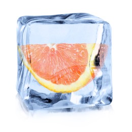 Image of Piece of fresh orange inside ice cube on white background