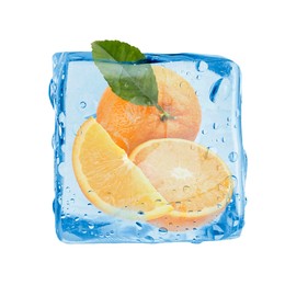 Image of Fresh oranges inside ice cube on white background