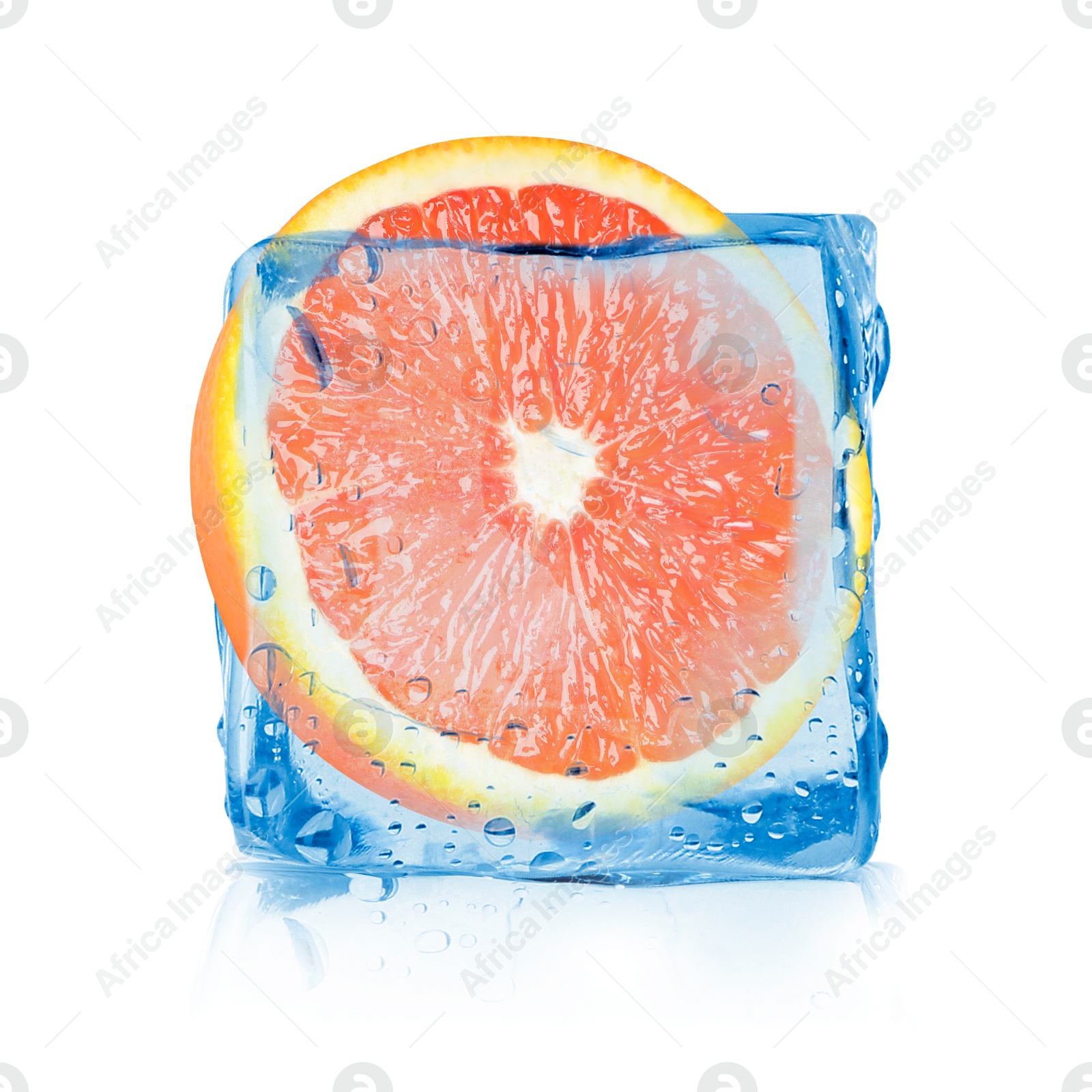 Image of Half of fresh orange inside ice cube on white background
