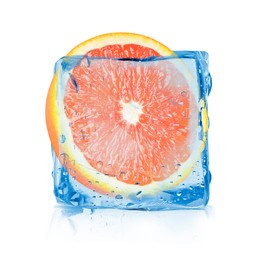 Image of Half of fresh orange inside ice cube on white background