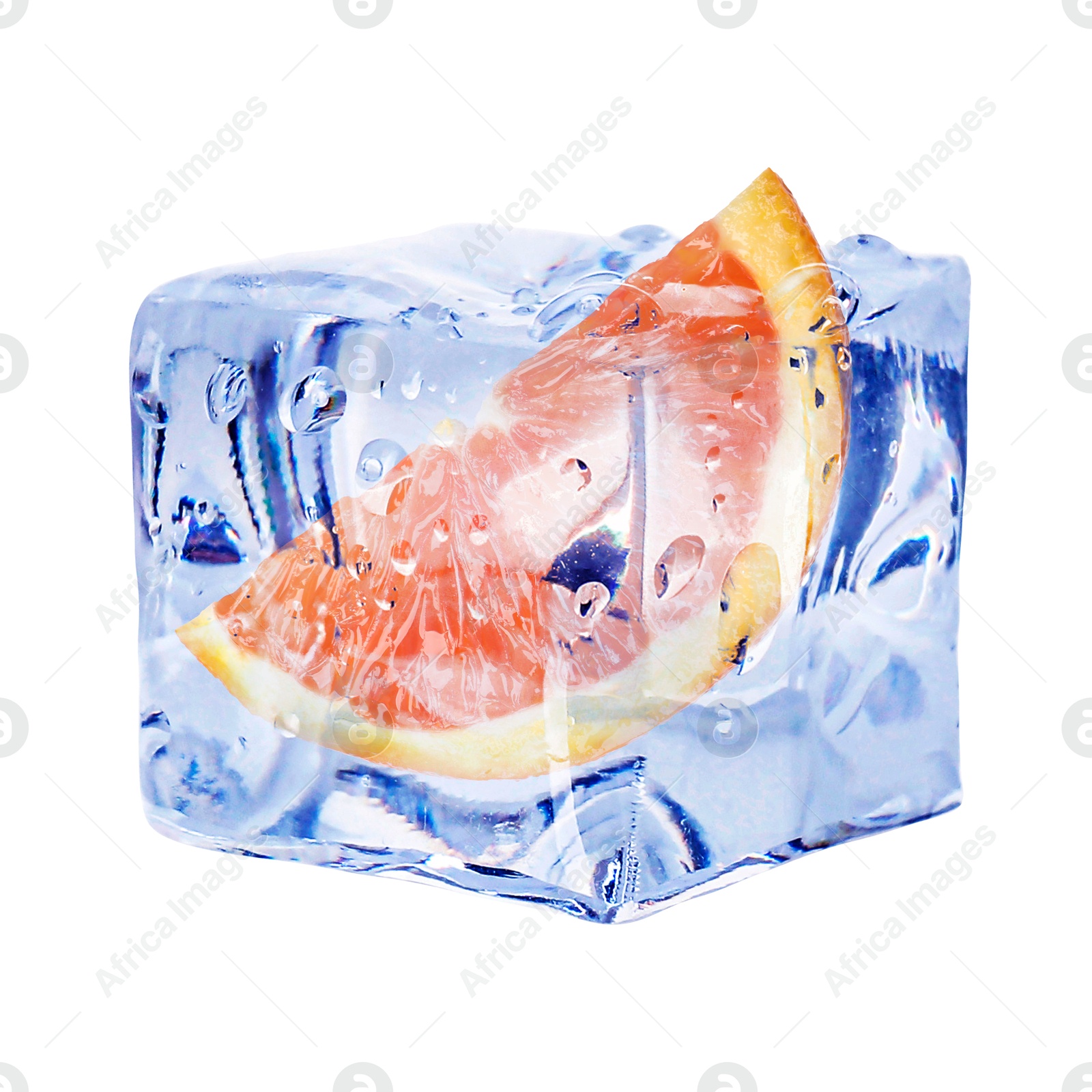 Image of Piece of fresh orange inside ice cube on white background
