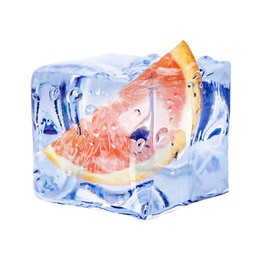 Image of Piece of fresh orange inside ice cube on white background