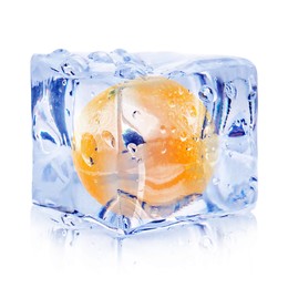 Image of Fresh orange inside ice cube on white background