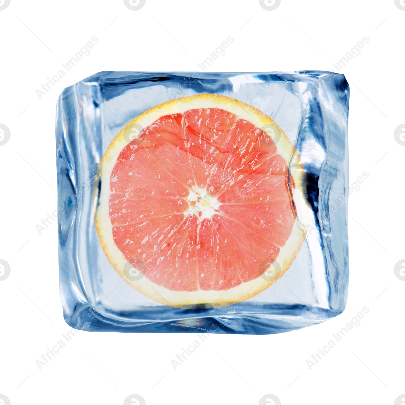 Image of Half of fresh orange inside ice cube on white background