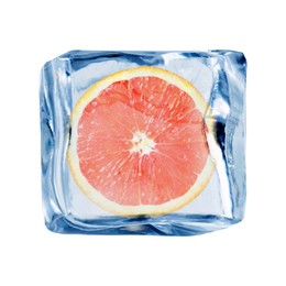 Image of Half of fresh orange inside ice cube on white background