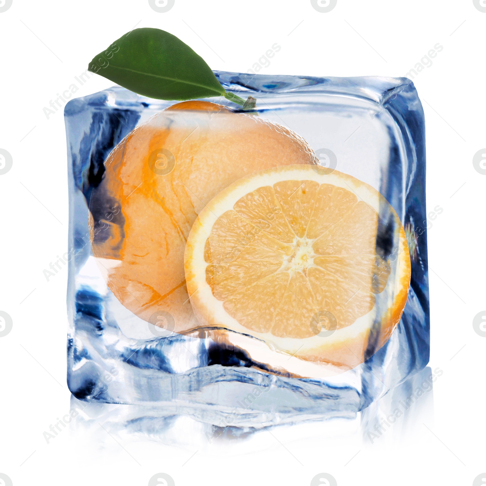 Image of Fresh oranges inside ice cube on white background
