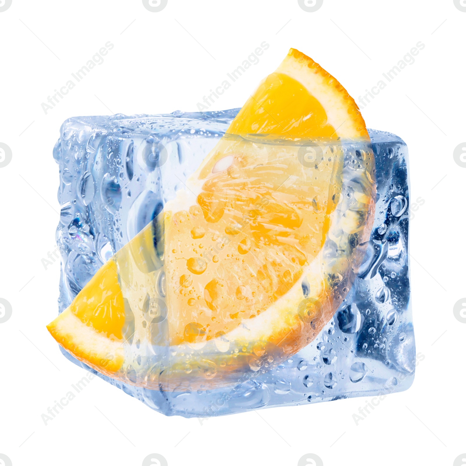 Piece of fresh orange inside ice cube on white background Image of Piece of fresh orange inside ice cube on white background