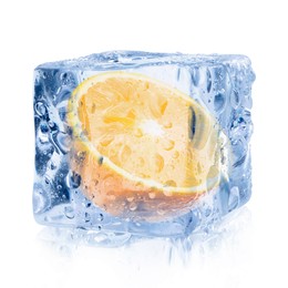 Image of Half of fresh orange inside ice cube on white background