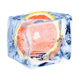 Image of Half of fresh orange inside ice cube on white background