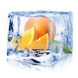 Image of Fresh oranges inside ice cube on white background