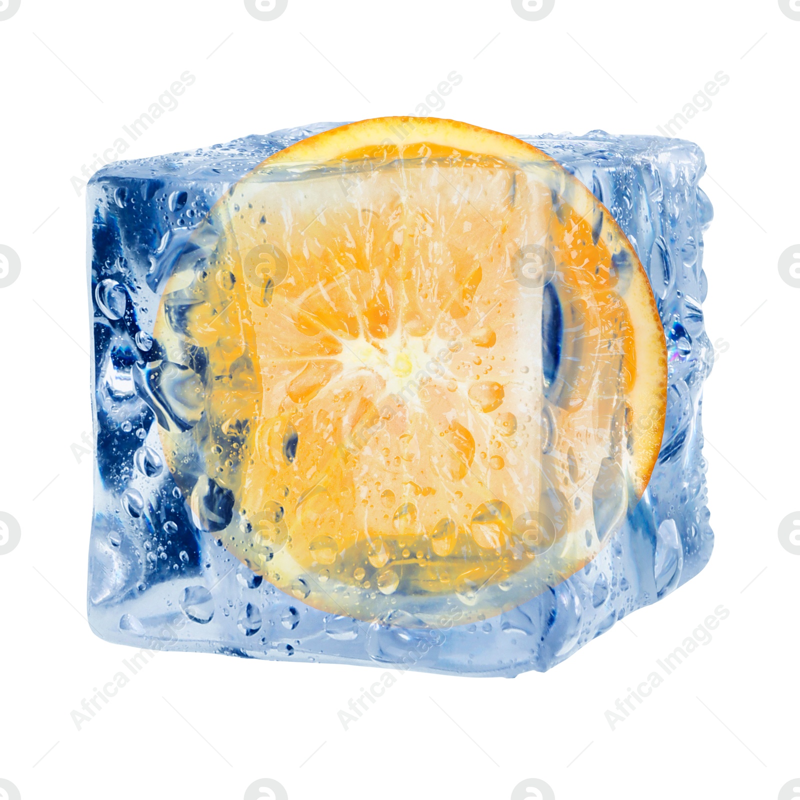 Image of Half of fresh orange inside ice cube on white background