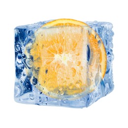 Image of Half of fresh orange inside ice cube on white background
