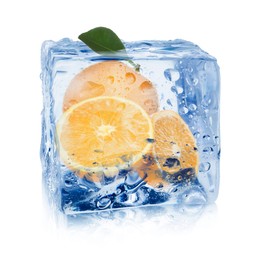 Image of Fresh oranges inside ice cube on white background