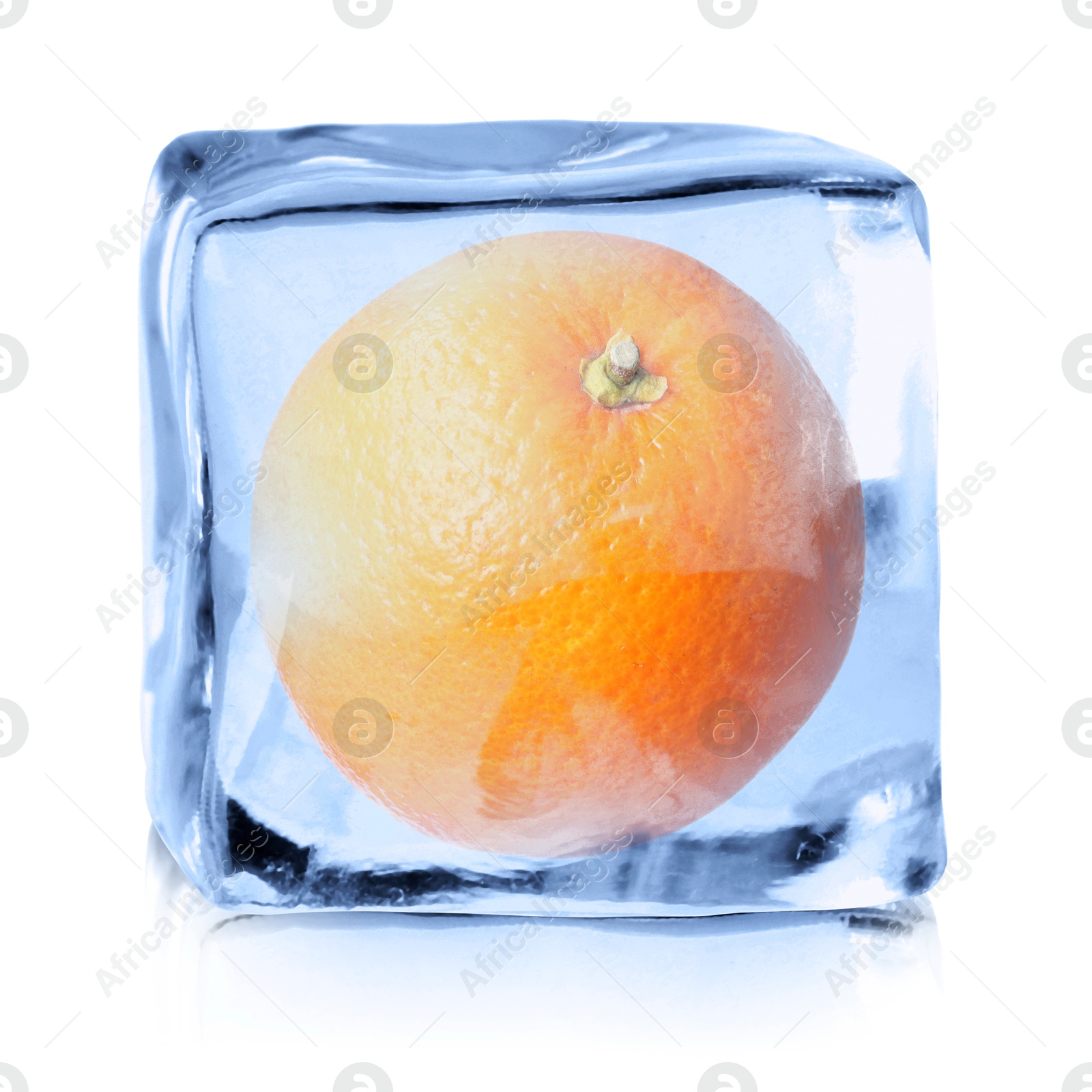 Image of Fresh orange inside ice cube on white background