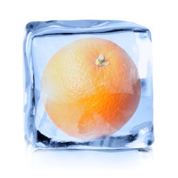 Image of Fresh orange inside ice cube on white background