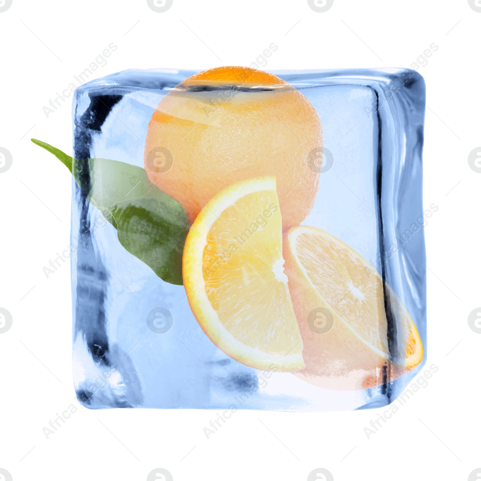 Image of Fresh oranges inside ice cube on white background