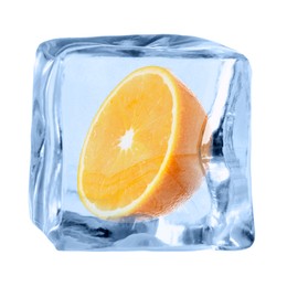 Image of Half of fresh orange inside ice cube on white background