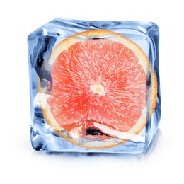 Image of Half of fresh orange inside ice cube on white background