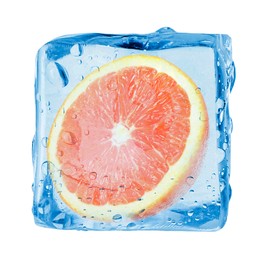 Image of Half of fresh orange inside ice cube on white background