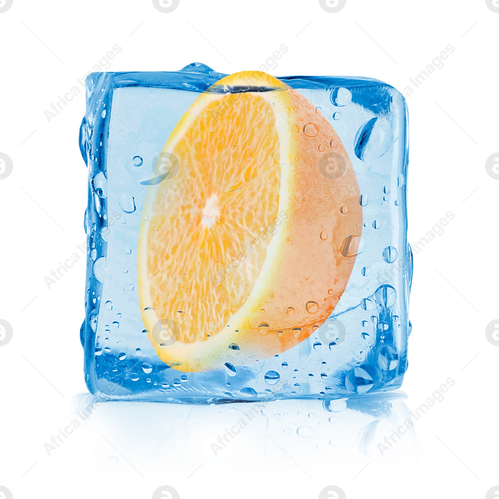 Image of Half of fresh orange inside ice cube on white background
