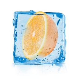 Image of Half of fresh orange inside ice cube on white background