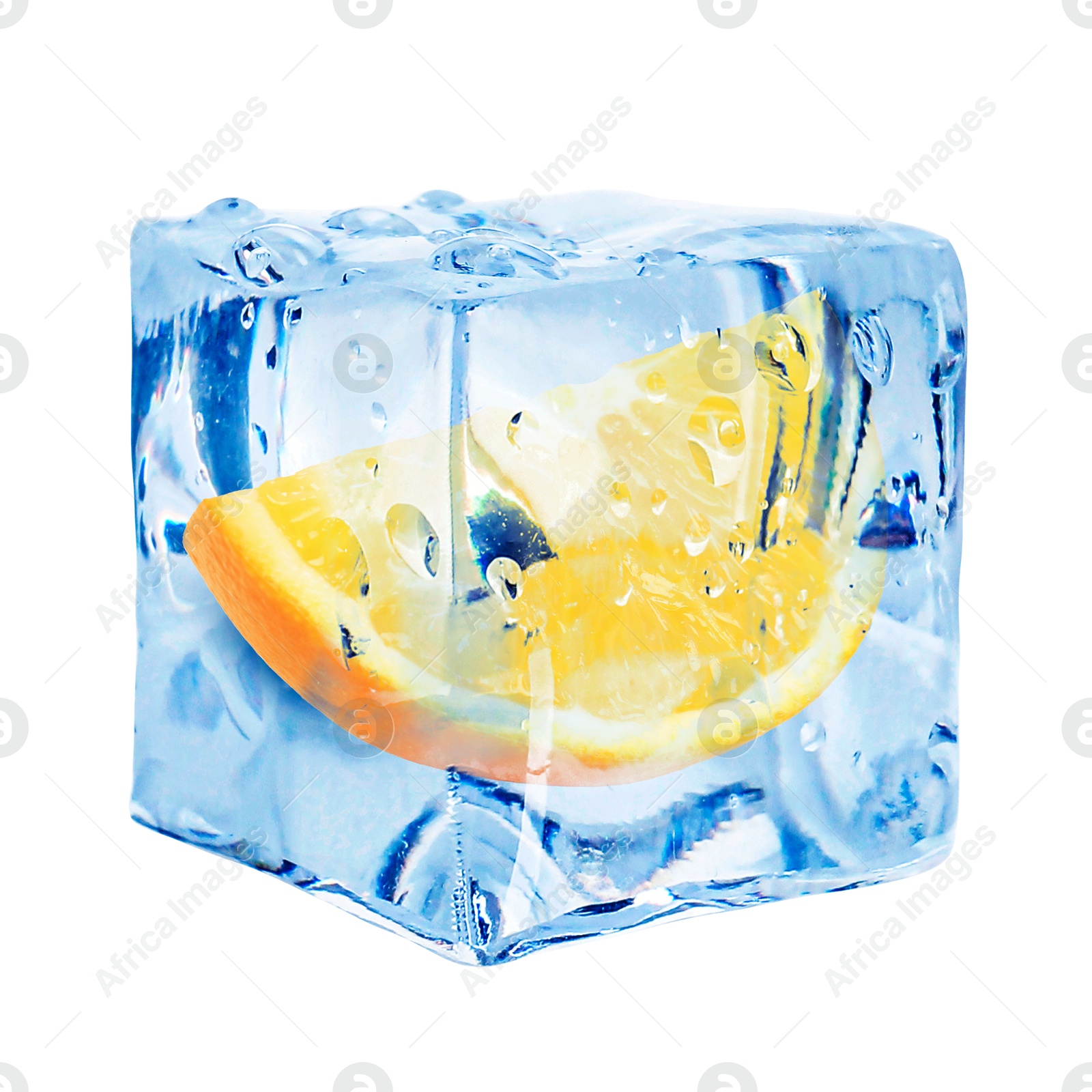 Image of Piece of fresh orange inside ice cube on white background