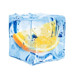 Image of Piece of fresh orange inside ice cube on white background