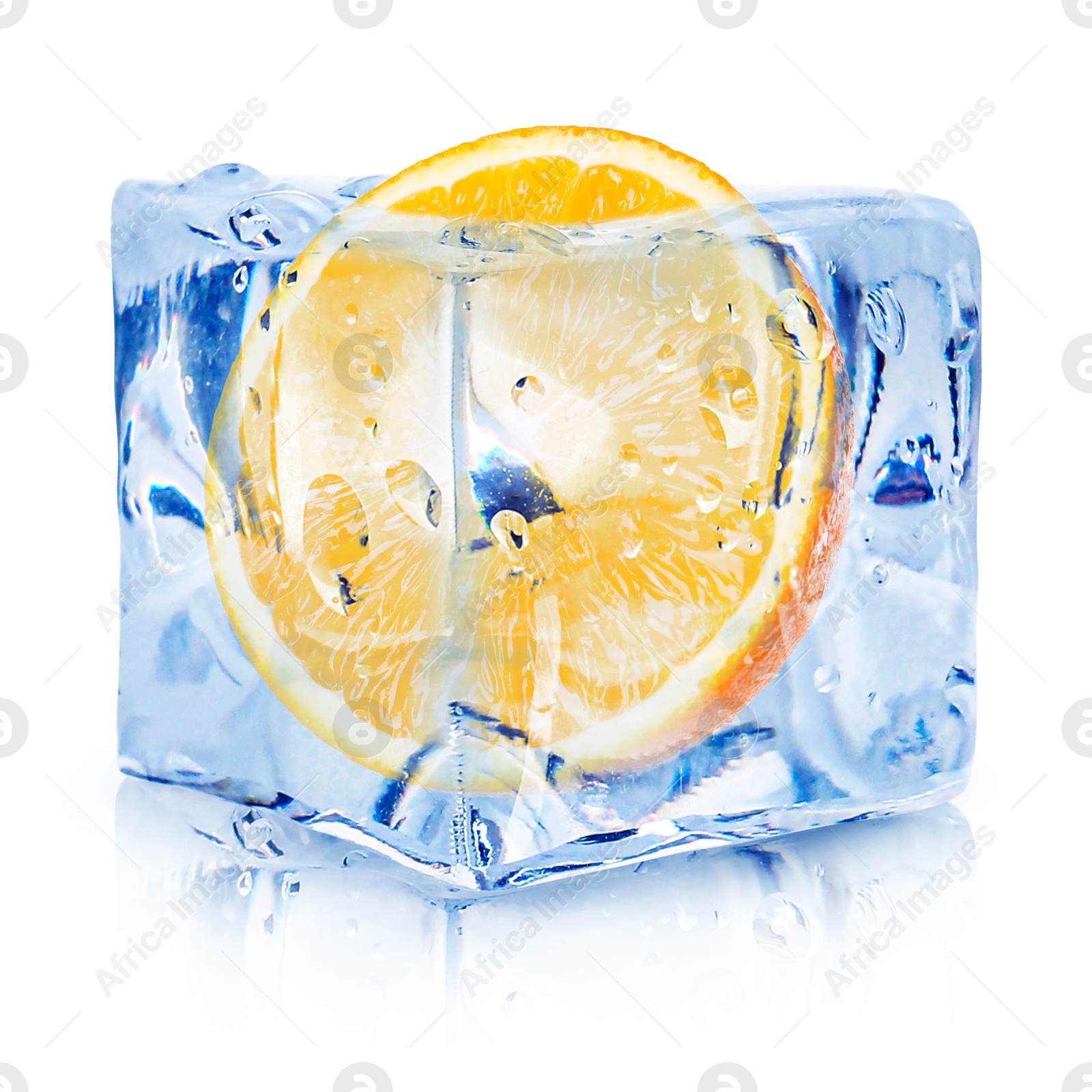 Image of Half of fresh orange inside ice cube on white background
