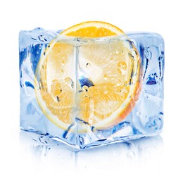 Image of Half of fresh orange inside ice cube on white background