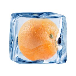 Image of Fresh orange inside ice cube on white background