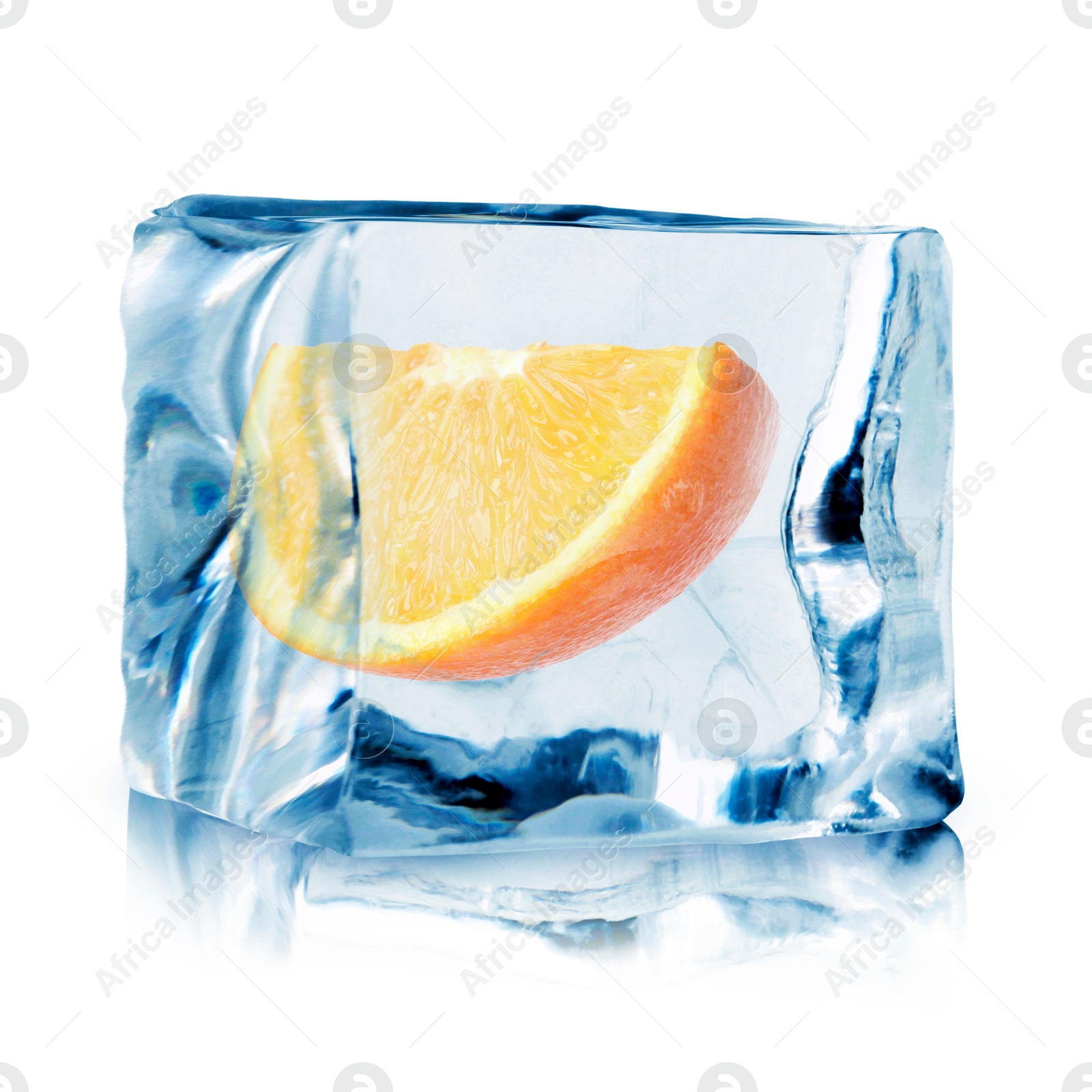 Piece of fresh orange inside ice cube on white background Image of Piece of fresh orange inside ice cube on white background