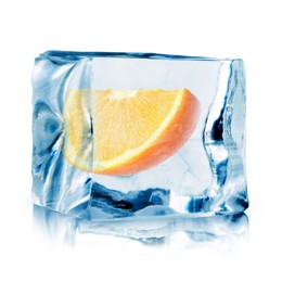 Image of Piece of fresh orange inside ice cube on white background