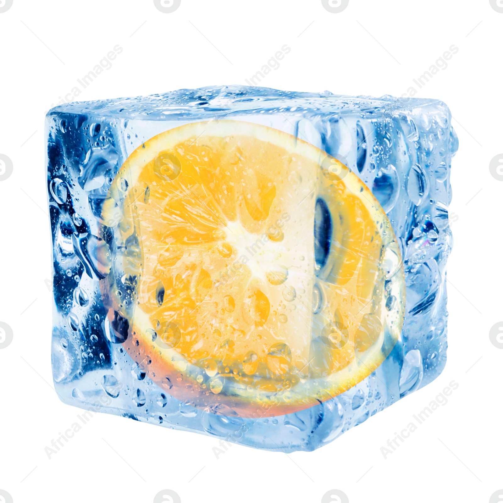 Image of Half of fresh orange inside ice cube on white background