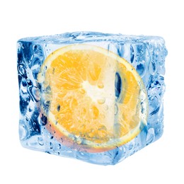 Image of Half of fresh orange inside ice cube on white background