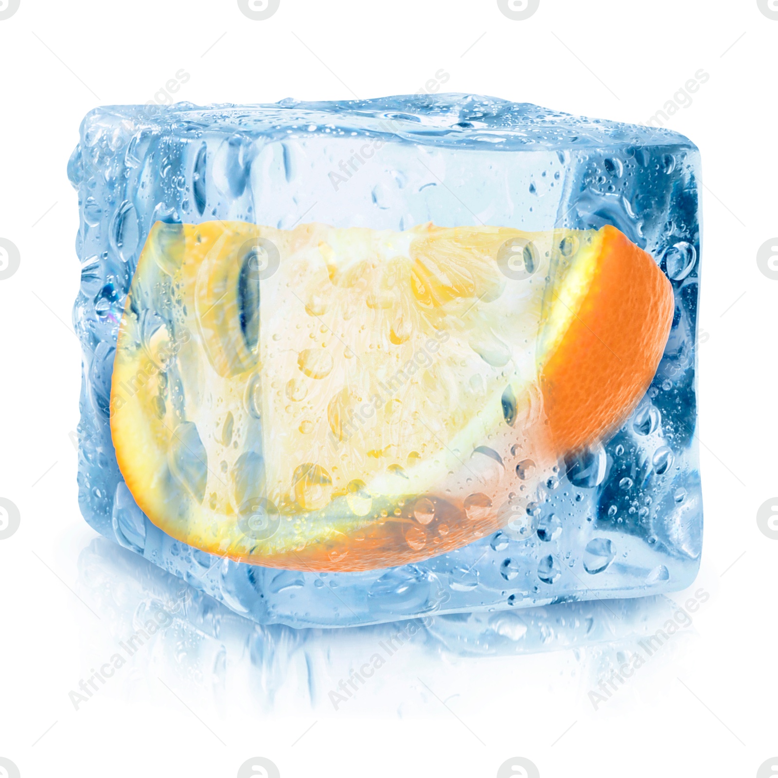 Piece of fresh orange inside ice cube on white background Image of Piece of fresh orange inside ice cube on white background