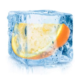 Image of Piece of fresh orange inside ice cube on white background