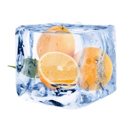 Image of Fresh oranges inside ice cube on white background