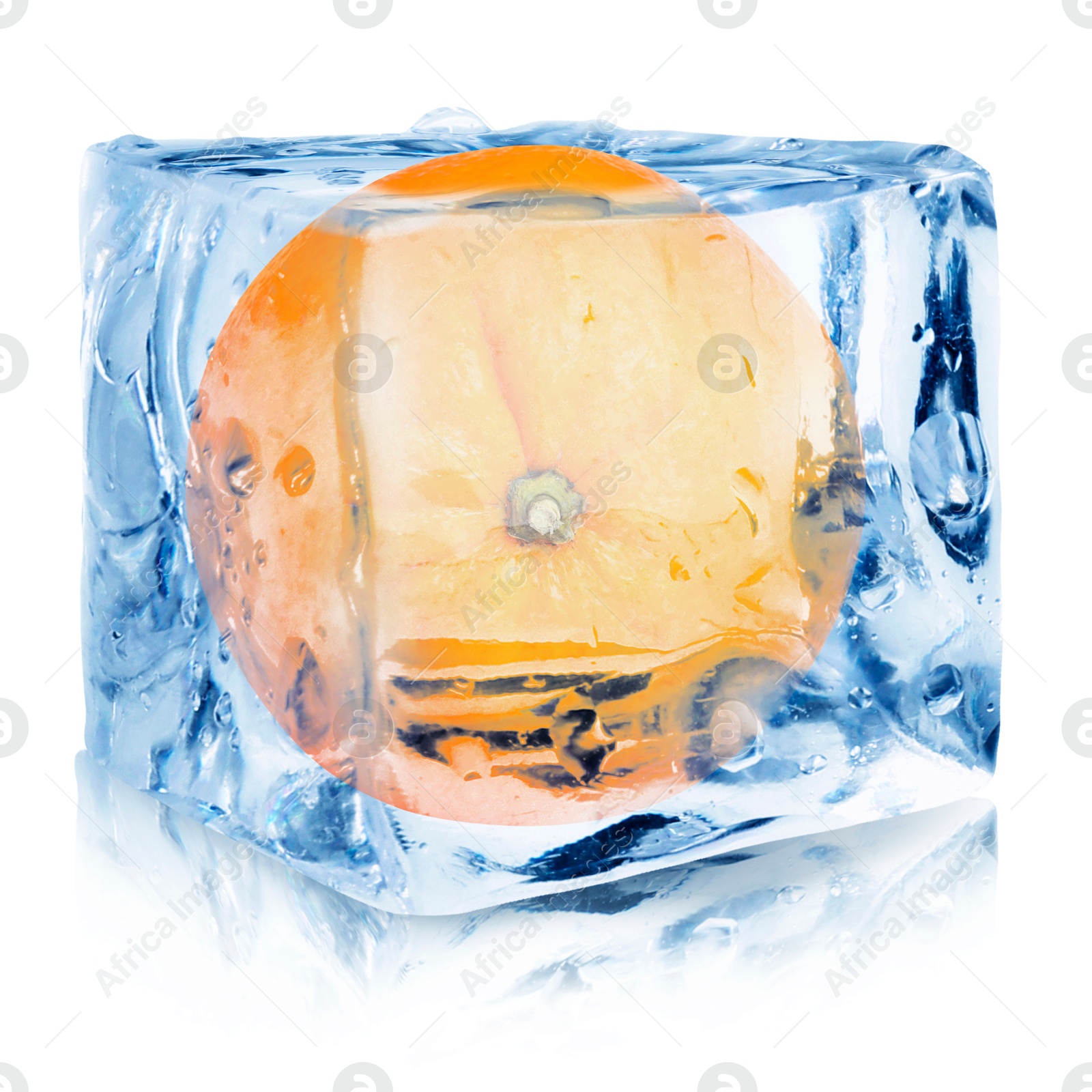 Image of Fresh orange inside ice cube on white background