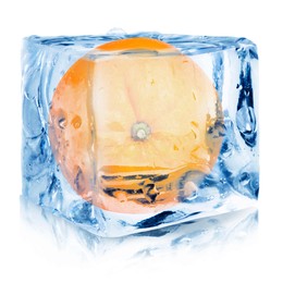 Image of Fresh orange inside ice cube on white background