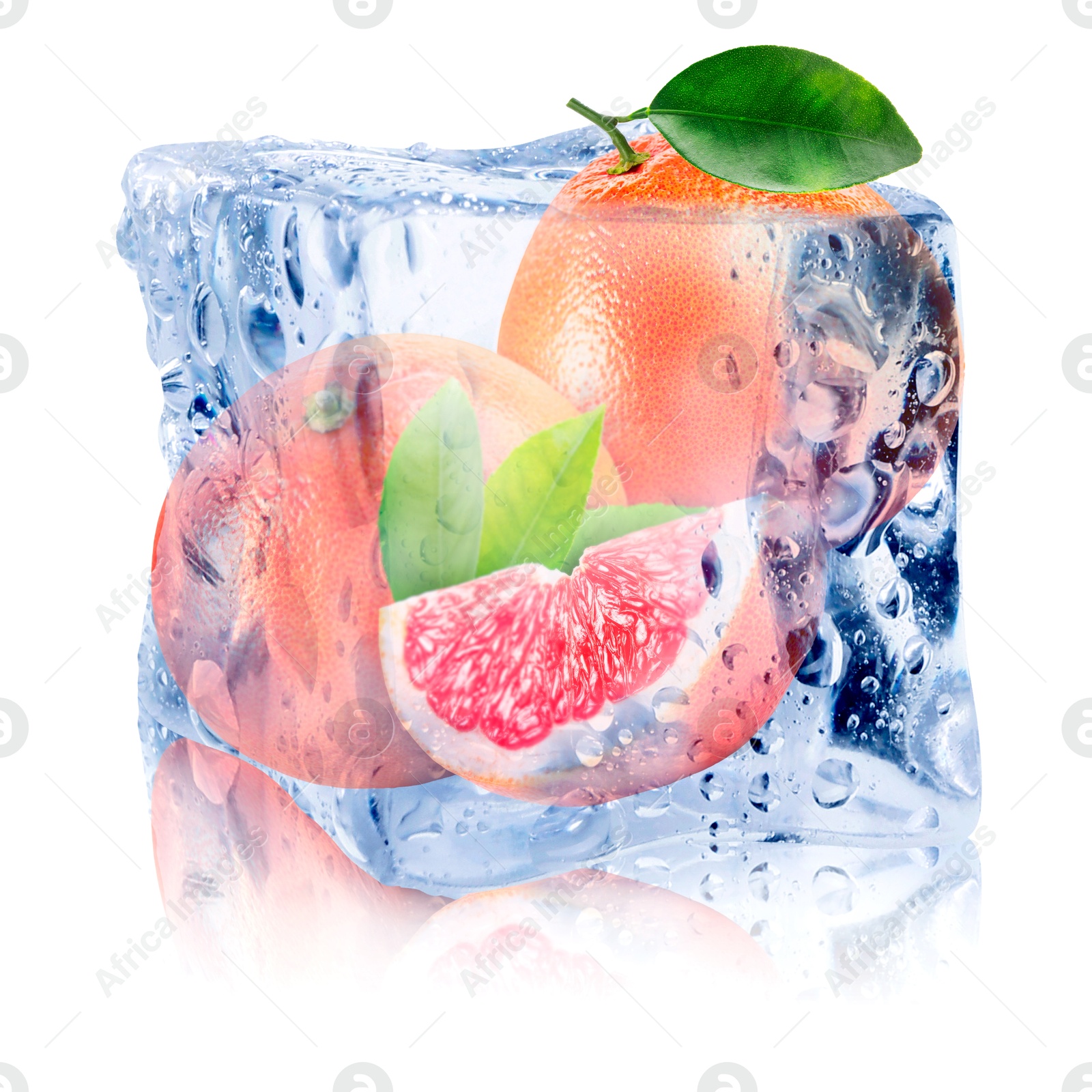Image of Fresh grapefruits inside ice cube on white background
