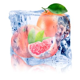 Image of Fresh grapefruits inside ice cube on white background