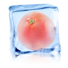 Image of Fresh grapefruit inside ice cube on white background