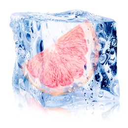 Image of Piece of fresh grapefruit inside ice cube on white background