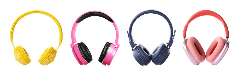 Image of Different colorful headphones on white background, set
