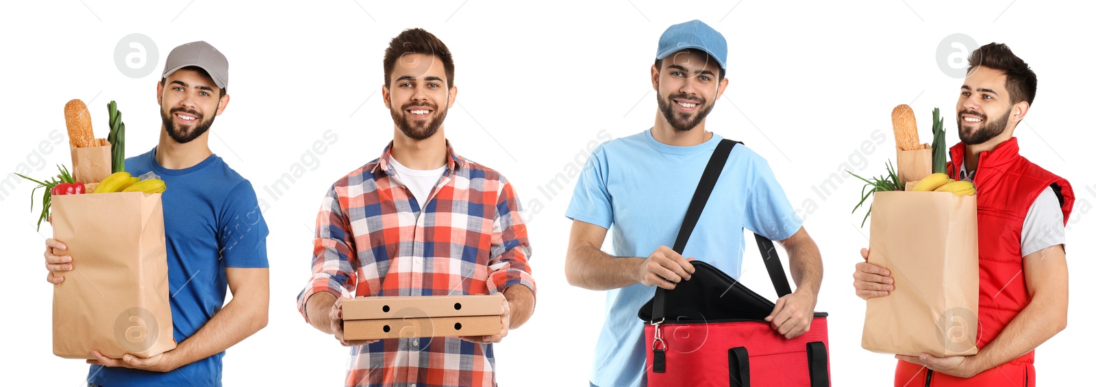 Image of Food delivery service worker isolated on white, collage of portraits