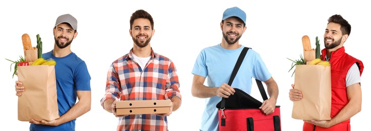 Image of Food delivery service worker isolated on white, collage of portraits