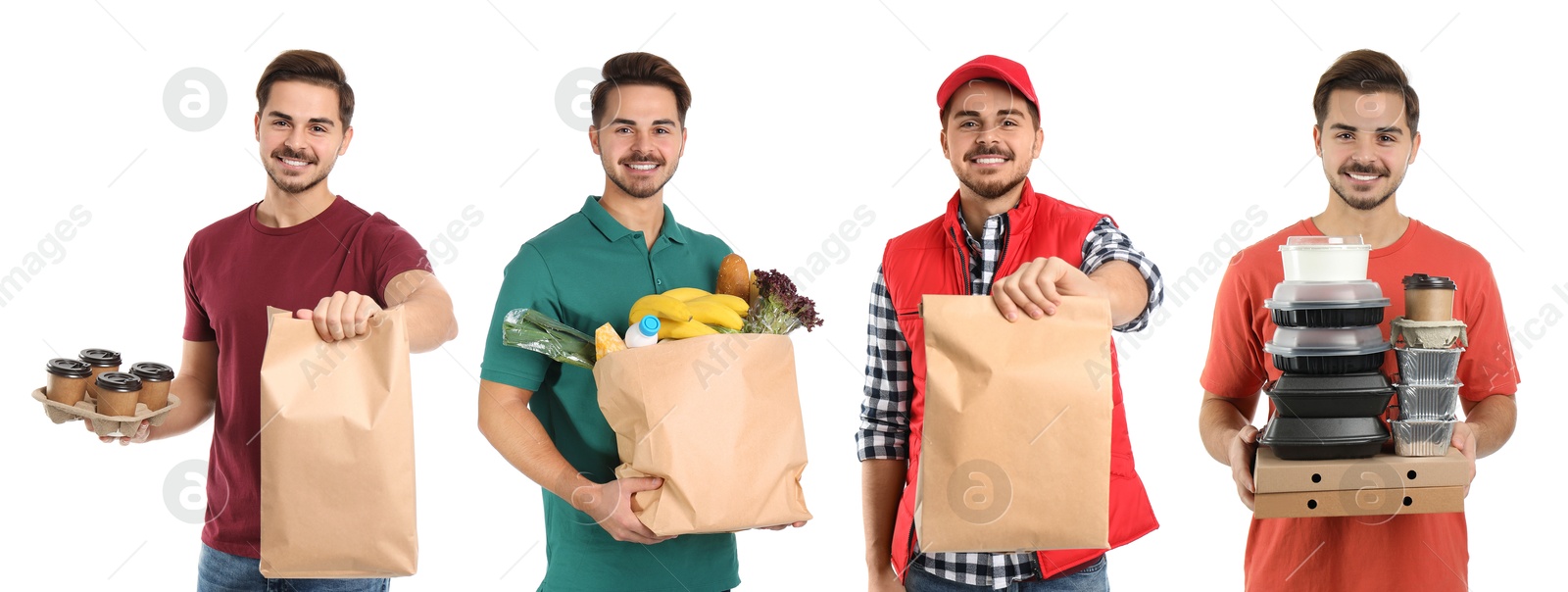 Image of Food delivery service worker isolated on white, collage of portraits
