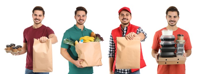 Image of Food delivery service worker isolated on white, collage of portraits