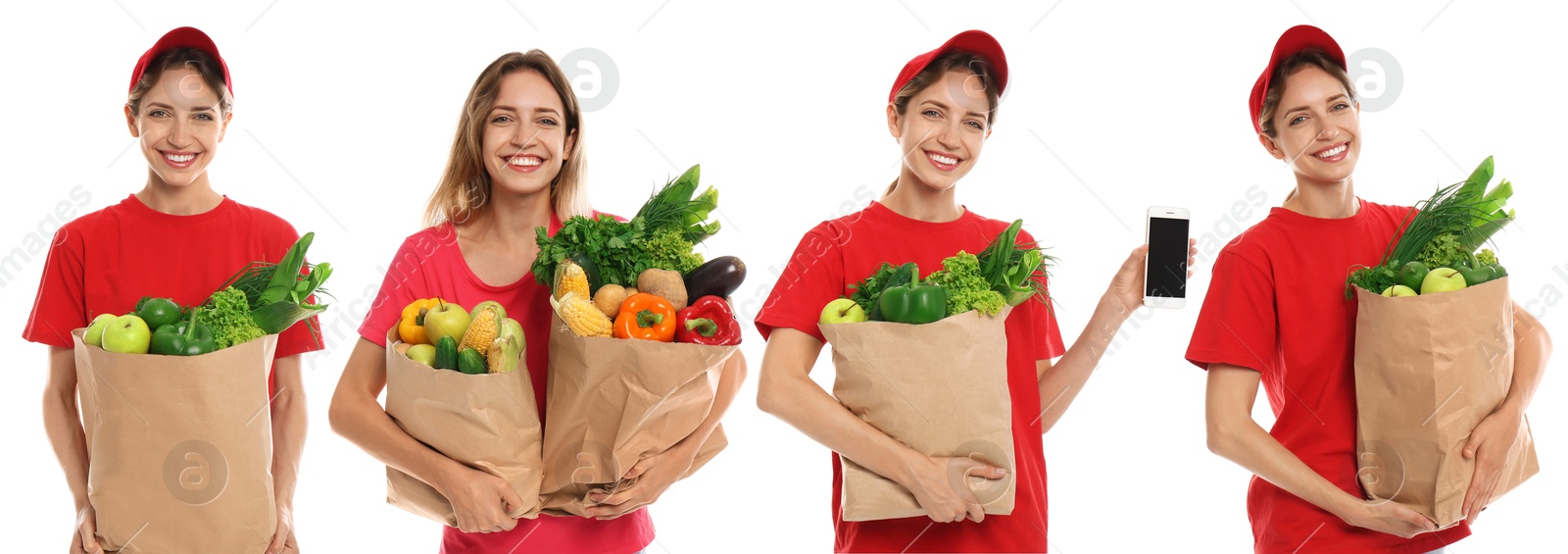Image of Food delivery service worker isolated on white, collage of portraits