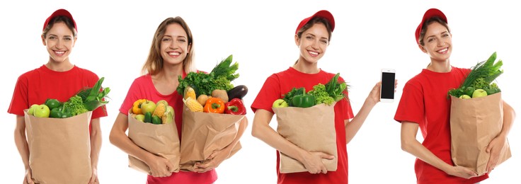 Image of Food delivery service worker isolated on white, collage of portraits